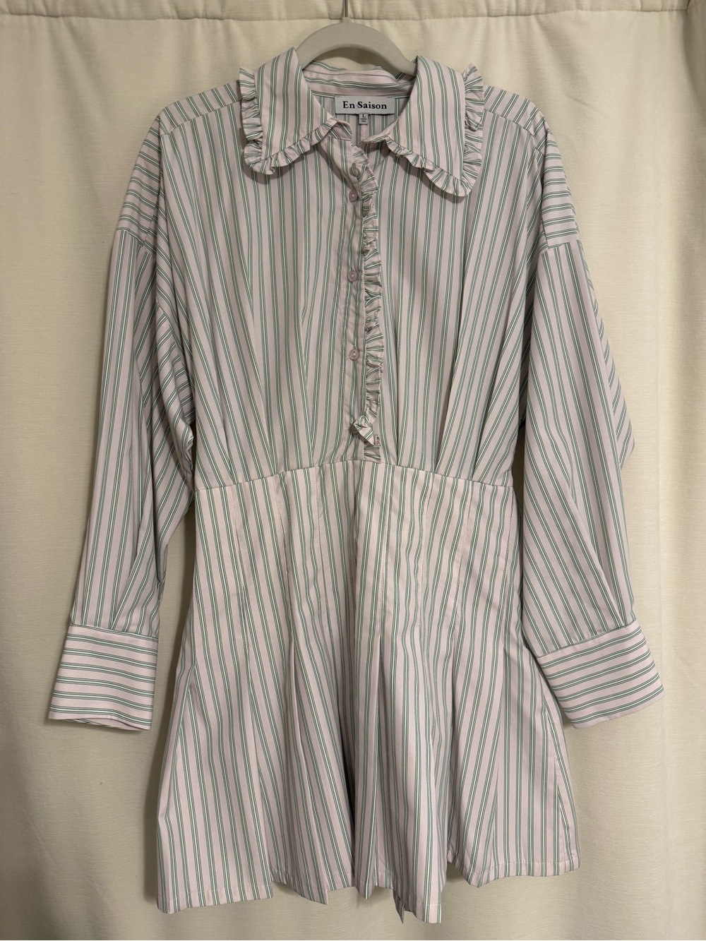 En Saison White Mini Dress with Green and Pink Pinstripes